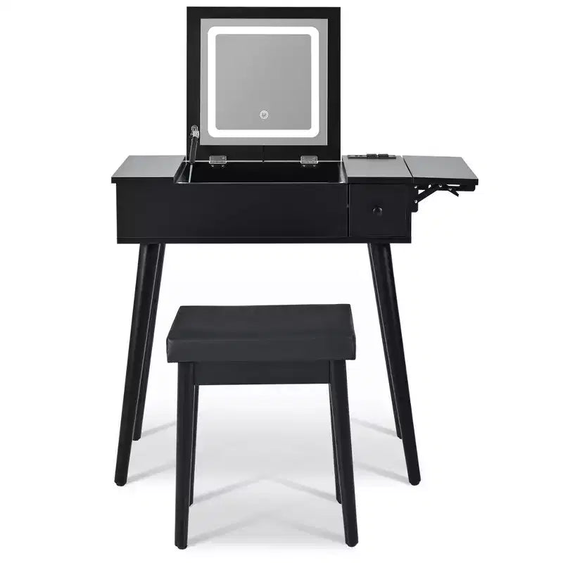 Okak Modern Vanity Desk with Flip Top Mirror, Makeup Table with Charging Station and Fold-up Panel, Compact Vanity for Bedroom, Black