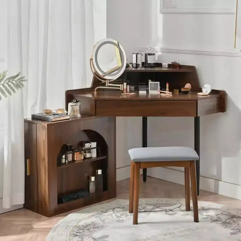 Corner Vanity Desk with Mirror, Modern Makeup Vanity Set With Stool & Cabinet, Wooden Dressing Table with Drawers for Bedroom Bathroom