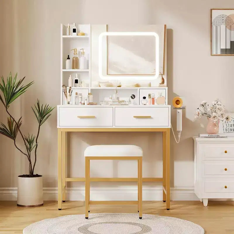 Vanity Desk with Mirror, 3-Color LED Lights, 4 Drawers, 2 Shelves, Charging Station, White Makeup Table for Bedroom or Dressing Room