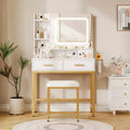 Vanity Desk with Mirror, 3-Color LED Lights, 4 Drawers, 2 Shelves, Charging Station, White Makeup Table for Bedroom or Dressing Room
