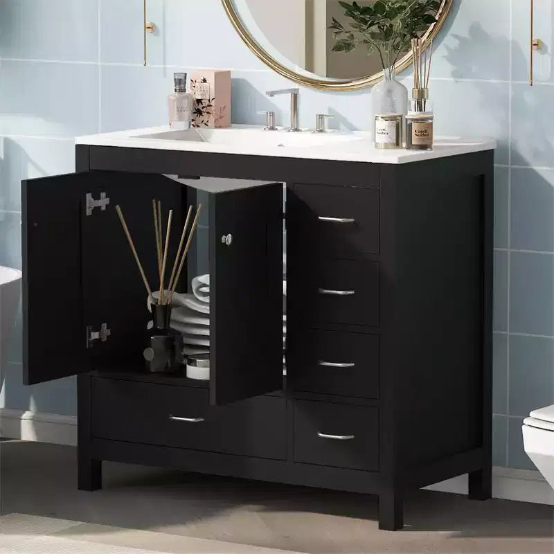 36 Bathroom Vanity with Ceramic Sink, Storage Cabinet, 2 Soft Close Doors, 5 Drawers, for Bathroom, Garage, Garden, or Office