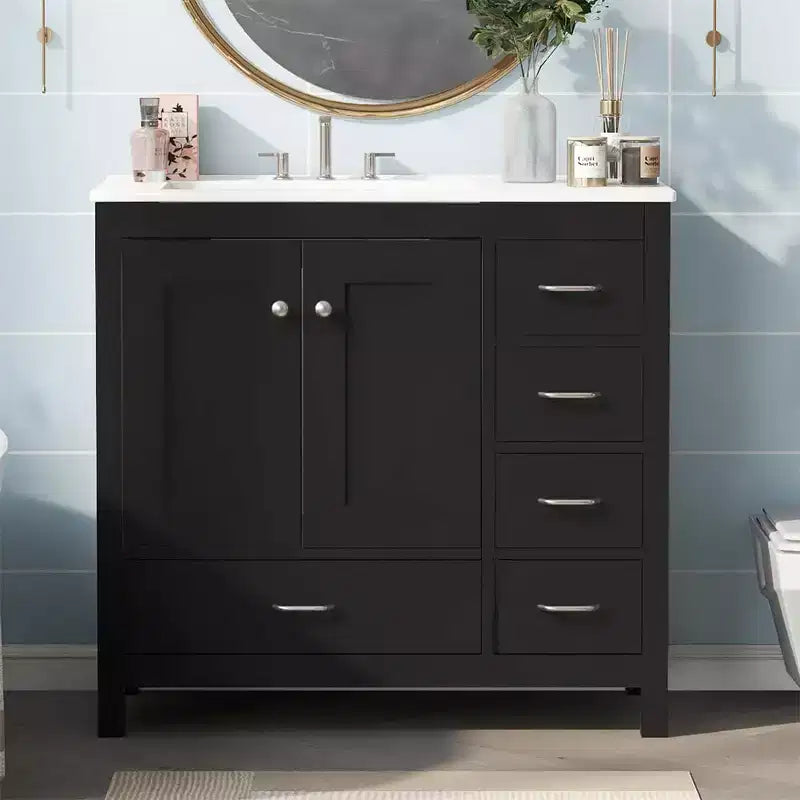 36 Bathroom Vanity with Ceramic Sink, Storage Cabinet, 2 Soft Close Doors, 5 Drawers, for Bathroom, Garage, Garden, or Office