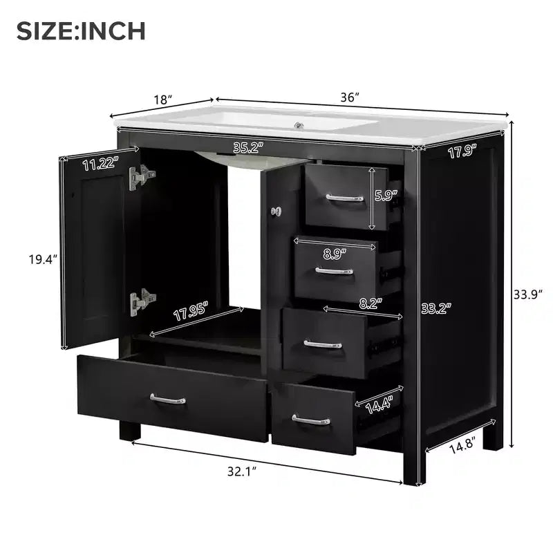 36 Bathroom Vanity with Ceramic Sink, Storage Cabinet, 2 Soft Close Doors, 5 Drawers, for Bathroom, Garage, Garden, or Office