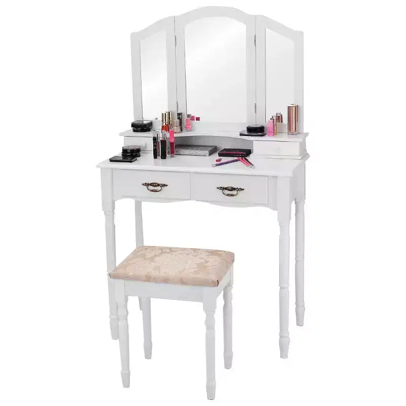 Costway Tri Folding Vanity Mirror Makeup Table Set w/4 Drawers & Stool White