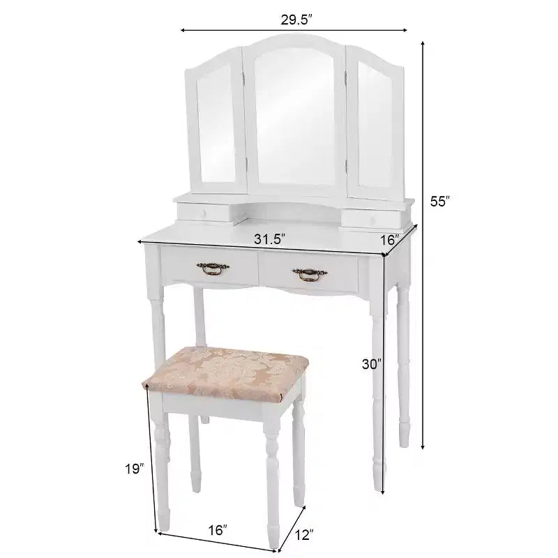 Costway Schminktisch-Set mit dreiteiligem Klappspiegel, 4 Schubladen und Hocker, Weiß