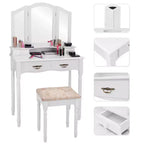 Costway Schminktisch-Set mit dreiteiligem Klappspiegel, 4 Schubladen und Hocker, Weiß