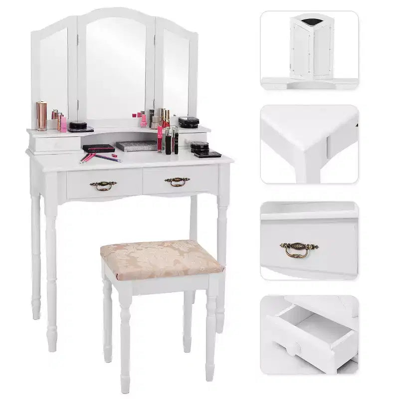 Costway Schminktisch-Set mit dreiteiligem Klappspiegel, 4 Schubladen und Hocker, Weiß