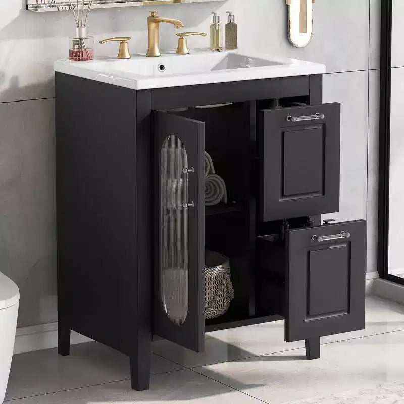 24 Bathroom Vanity with Sink, Bathroom Vanity Cabinet with Two Drawers and Door, Adjustable Shelf, Black