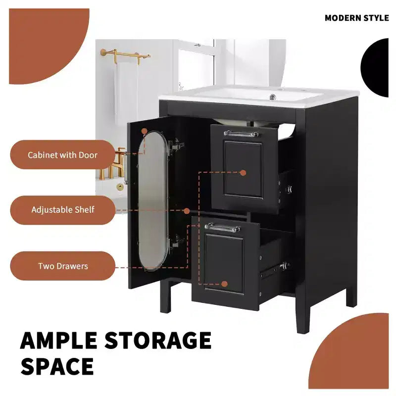 24 Bathroom Vanity with Sink, Bathroom Vanity Cabinet with Two Drawers and Door, Adjustable Shelf, Black