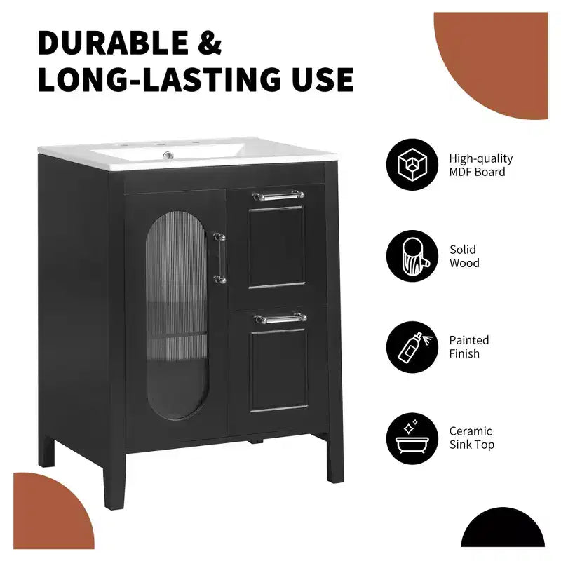 24 Bathroom Vanity with Sink, Bathroom Vanity Cabinet with Two Drawers and Door, Adjustable Shelf, Black