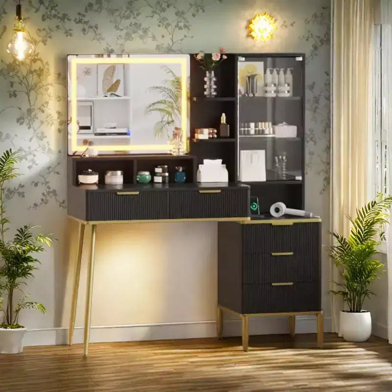 Modern Makeup Vanity Desk With HD Lighted Mirror,Modern Glass Top Elegant Fluted Acrylic Protective Door,Storage Shelf