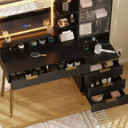 Modern Makeup Vanity Desk With HD Lighted Mirror,Modern Glass Top Elegant Fluted Acrylic Protective Door,Storage Shelf