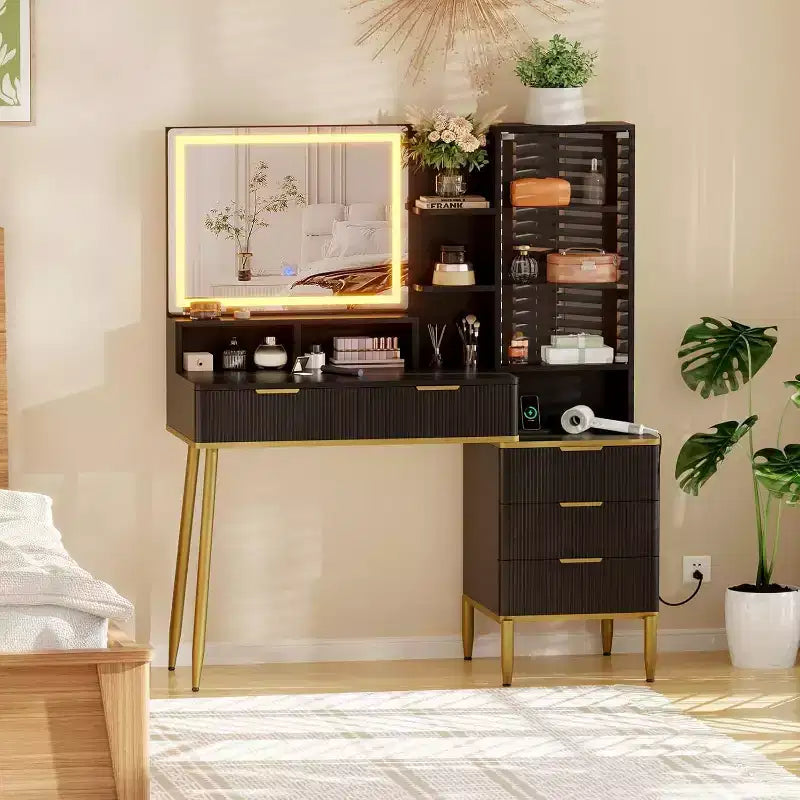 Modern Makeup Vanity Desk With HD Lighted Mirror,Modern Glass Top Elegant Fluted Acrylic Protective Door,Storage Shelf