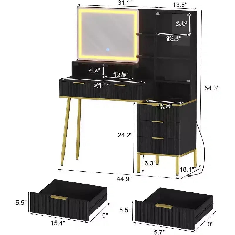 Modern Makeup Vanity Desk With HD Lighted Mirror,Modern Glass Top Elegant Fluted Acrylic Protective Door,Storage Shelf