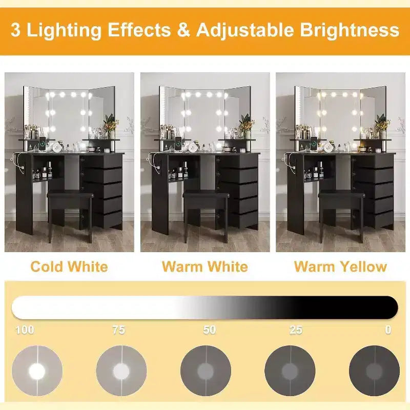 Make-uptafel – kaptafelset met verlichting en stopcontact, 5 draaibare laden en instelbare verlichting met 3 standen, voor de slaapkamer