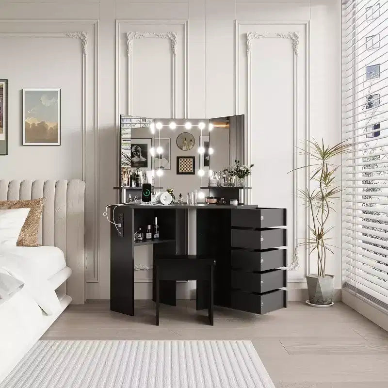 Make-uptafel – kaptafelset met verlichting en stopcontact, 5 draaibare laden en instelbare verlichting met 3 standen, voor de slaapkamer
