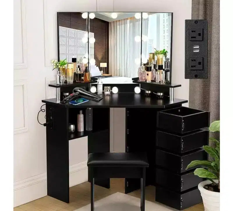 Make-uptafel – kaptafelset met verlichting en stopcontact, 5 draaibare laden en instelbare verlichting met 3 standen, voor de slaapkamer