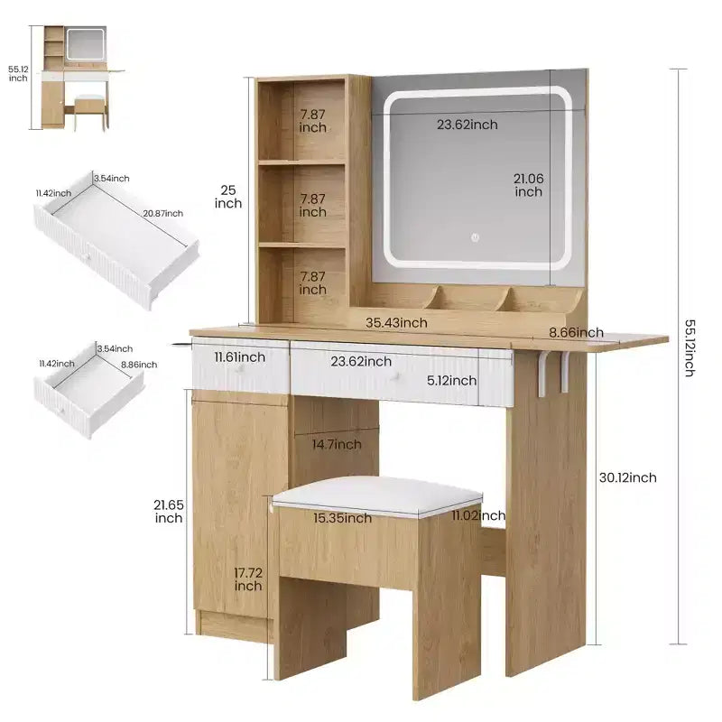 GustoWave-kaptafel met spiegel, inklapbaar paneel, opbergbaar krukje, lade en planken, compacte kaptafelset voor de slaapkamer, naturel hout