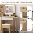 GustoWave-kaptafel met spiegel, inklapbaar paneel, opbergbaar krukje, lade en planken, compacte kaptafelset voor de slaapkamer, naturel hout