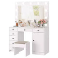 White Vanity Desk with Mirror, Makeup Vanity Table with 7 Drawers, Cabinet & 3-Color LED Lighting, Modern Wooden Dressing Table for Bedroom