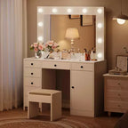 Weißer Schminktisch mit Spiegel, Schminktisch mit 7 Schubladen, Schrank und dreifarbiger LED-Beleuchtung, moderner Frisiertisch aus Holz für das Schlafzimmer