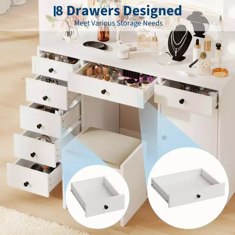 Weißer Schminktisch mit Spiegel, Schminktisch mit 7 Schubladen, Schrank und dreifarbiger LED-Beleuchtung, moderner Frisiertisch aus Holz für das Schlafzimmer