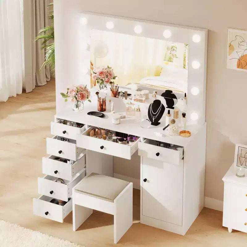 Weißer Schminktisch mit Spiegel, Schminktisch mit 7 Schubladen, Schrank und dreifarbiger LED-Beleuchtung, moderner Frisiertisch aus Holz für das Schlafzimmer