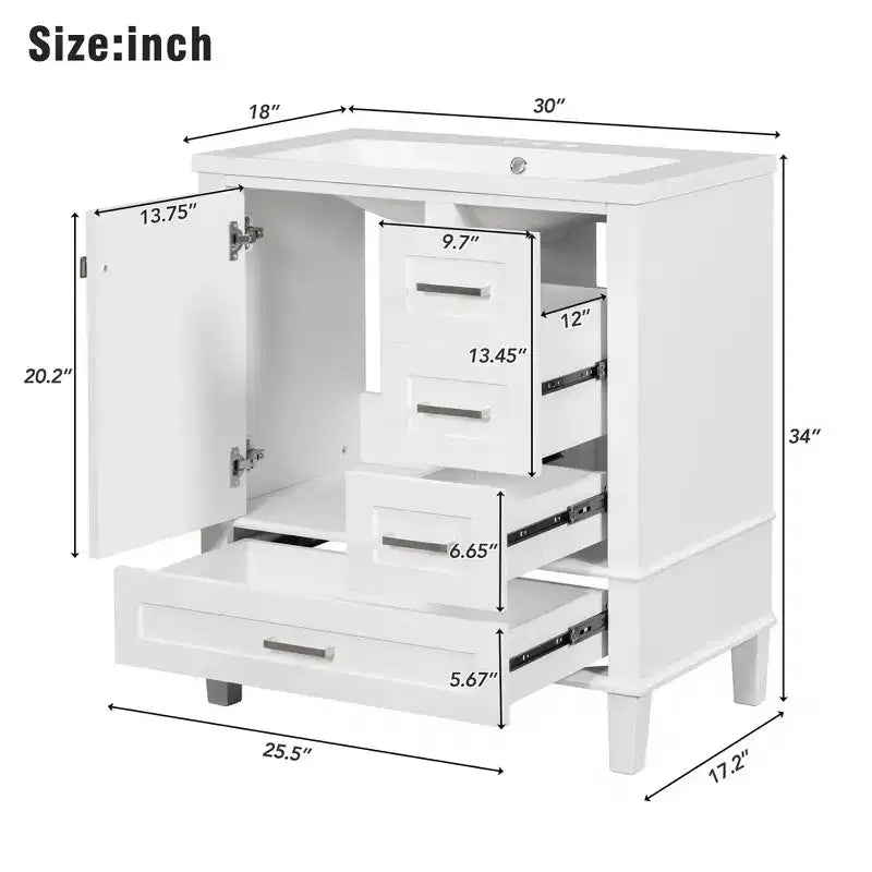 30 Bathroom Vanity With Undermount Ceramic Sink, Modern Bathroom Storage Cabinet With 3 Drawers & 1 Soft Closing Door
