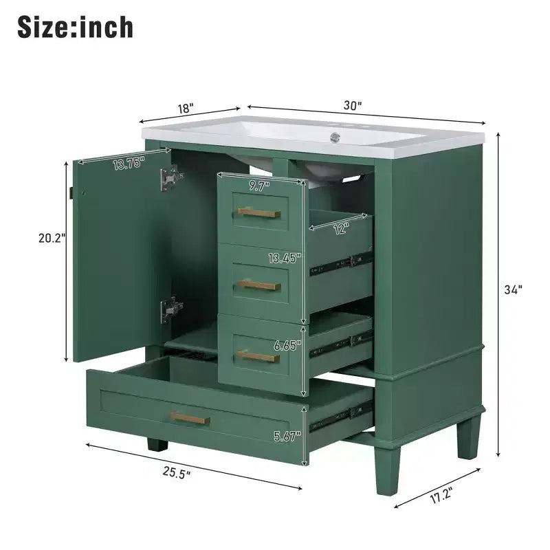 30 Bathroom Vanity With Undermount Ceramic Sink, Modern Bathroom Storage Cabinet With 3 Drawers & 1 Soft Closing Door