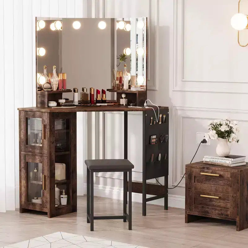 GustoWave Corner Vanity Desk with Mirror, 3-Color LED Lighting, Modern Makeup Vanity with Stool for Bedroom or Studio, Space-Saving Dressing Table