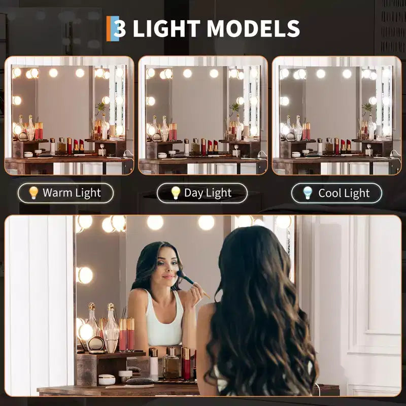 Tocador esquinero GustoWave con espejo, iluminación LED de 3 colores, tocador de maquillaje moderno con taburete para dormitorio o estudio, mesa tocador ahorradora de espacio