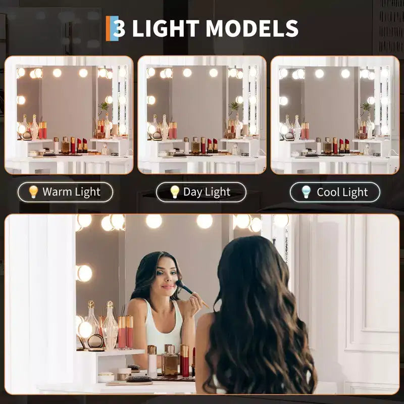 GustoWave Corner Vanity Desk Mirror, 3-Fold Mirror with 3 Lighting Modes, Makeup Mirror for Bedroom & Studio, Tri-Fold Lighted Vanity Mirror