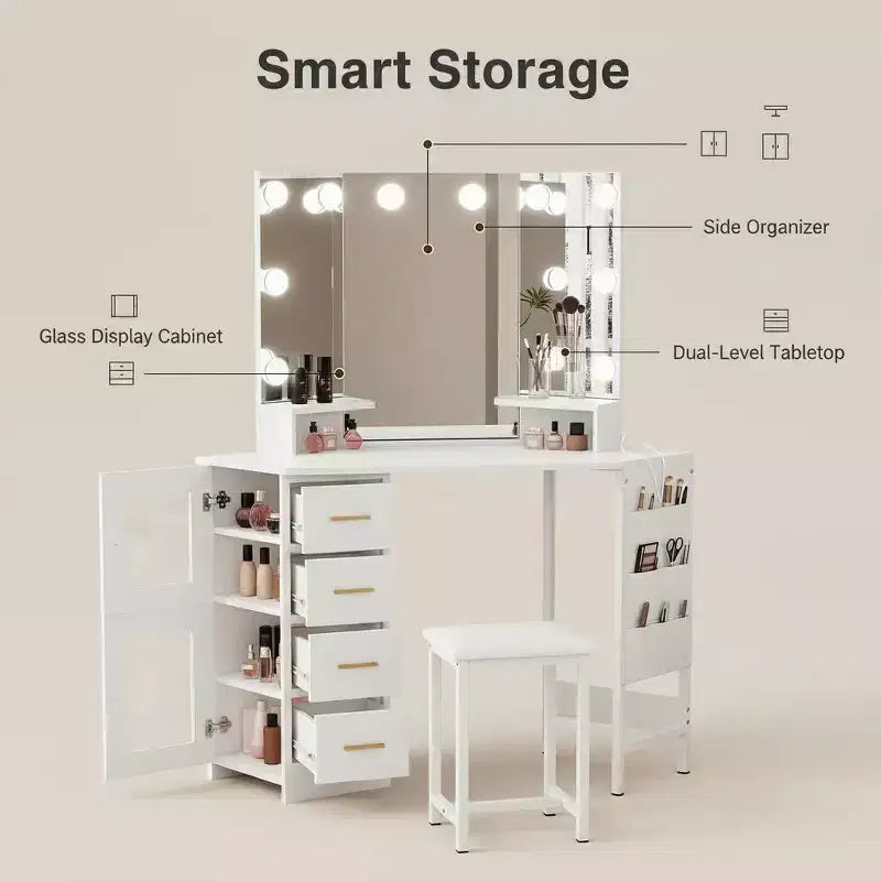GustoWave Corner Vanity Desk Mirror, 3-Fold Mirror with 3 Lighting Modes, Makeup Mirror for Bedroom & Studio, Tri-Fold Lighted Vanity Mirror