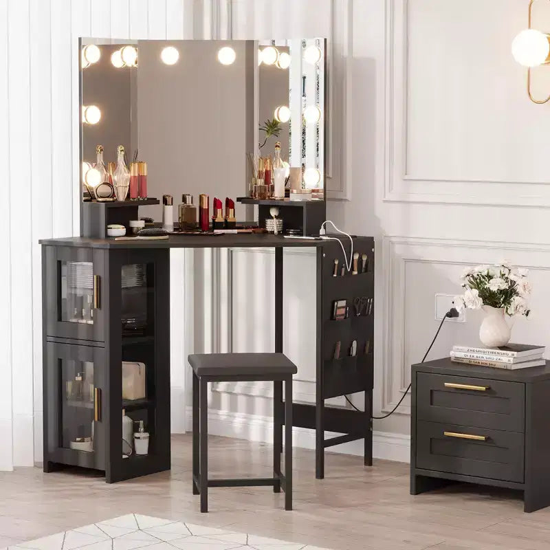 GustoWave Corner Vanity Desk Mirror, 3-Fold Mirror with 3 Lighting Modes, Makeup Mirror for Bedroom & Studio, Tri-Fold Lighted Vanity Mirror