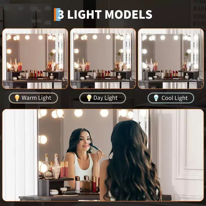 GustoWave Corner Vanity Desk Mirror, 3-Fold Mirror with 3 Lighting Modes, Makeup Mirror for Bedroom & Studio, Tri-Fold Lighted Vanity Mirror