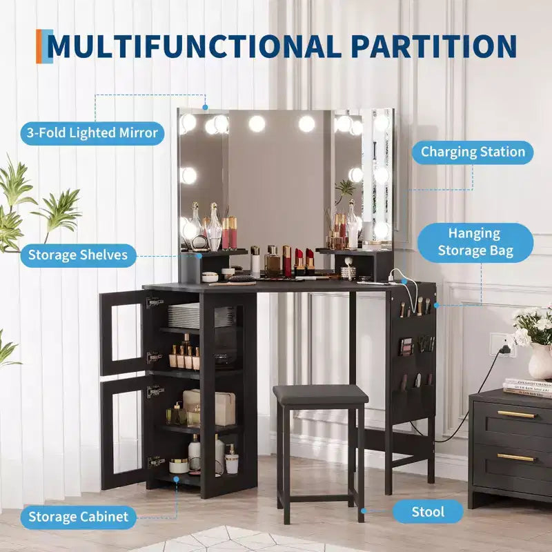 GustoWave Corner Vanity Desk Mirror, 3-Fold Mirror with 3 Lighting Modes, Makeup Mirror for Bedroom & Studio, Tri-Fold Lighted Vanity Mirror