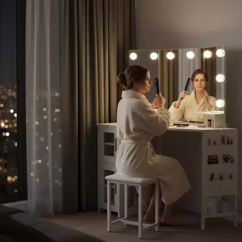 GustoWave Corner Vanity Desk Mirror, 3-Fold Mirror with 3 Lighting Modes, Makeup Mirror for Bedroom & Studio, Tri-Fold Lighted Vanity Mirror
