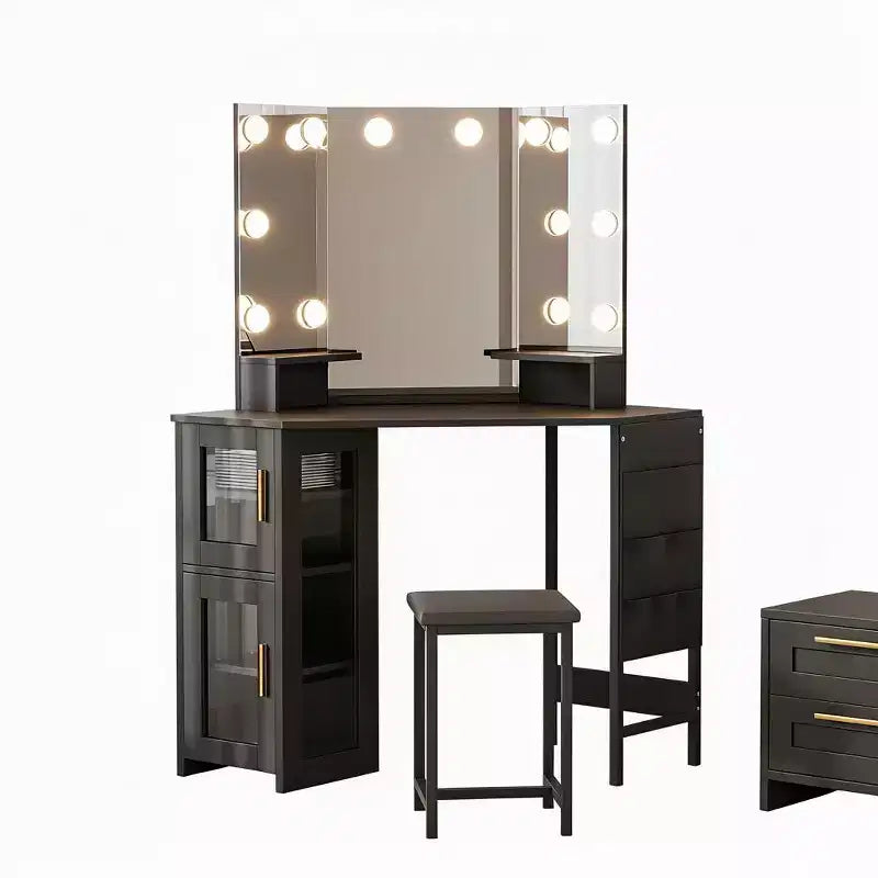 GustoWave Corner Vanity Desk Mirror, 3-Fold Mirror with 3 Lighting Modes, Makeup Mirror for Bedroom & Studio, Tri-Fold Lighted Vanity Mirror