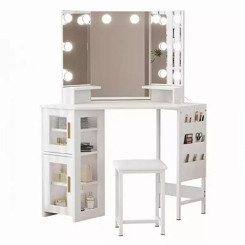 Tocador esquinero GustoWave con espejo, espejo triple plegable con 3 modos de iluminación, espejo de maquillaje para dormitorio y estudio, espejo de tocador iluminado triple