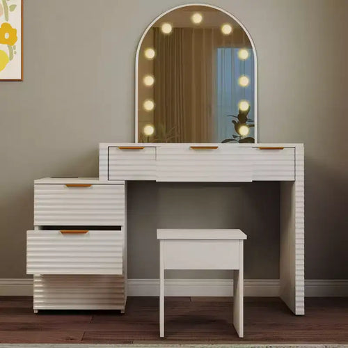 AEELLEEA Makeup Vanity Desk with Mirror Lights Glass Tabletop Vanity Table Modern Makeup Desk with Drawers for Bedroom White US Plug