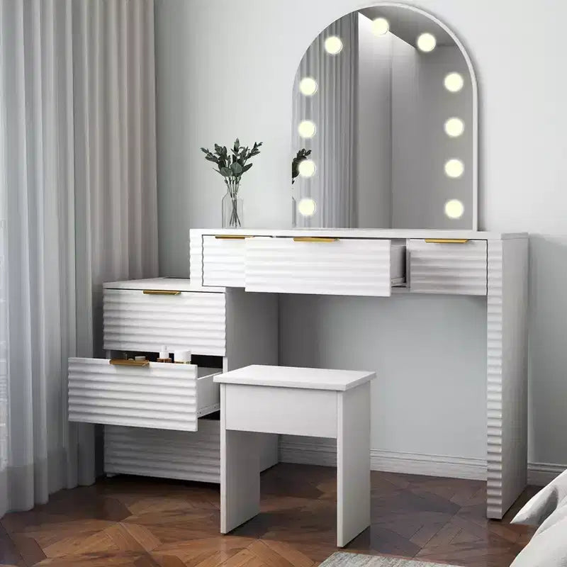 AEELLEEA Makeup Vanity Desk with Mirror Lights Glass Tabletop Vanity Table Modern Makeup Desk with Drawers for Bedroom White US Plug