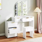 AEELLEEA Makeup Vanity Desk with Mirror Lights Glass Tabletop Vanity Table Modern Makeup Desk with Drawers for Bedroom White US Plug