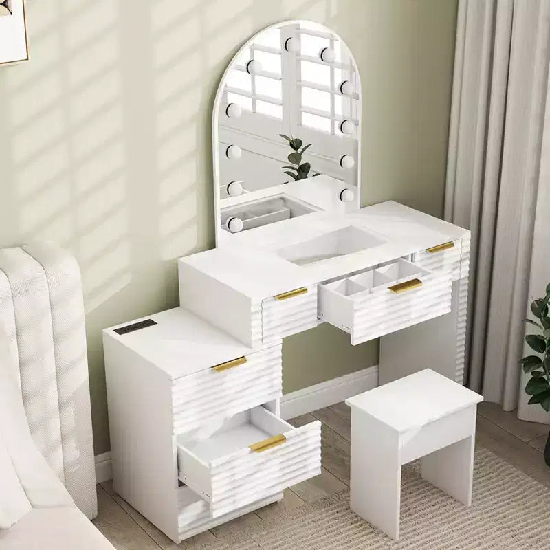 AEELLEEA Makeup Vanity Desk with Mirror Lights Glass Tabletop Vanity Table Modern Makeup Desk with Drawers for Bedroom White US Plug