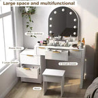 AEELLEEA Makeup Vanity Desk with Mirror Lights Glass Tabletop Vanity Table Modern Makeup Desk with Drawers for Bedroom White US Plug