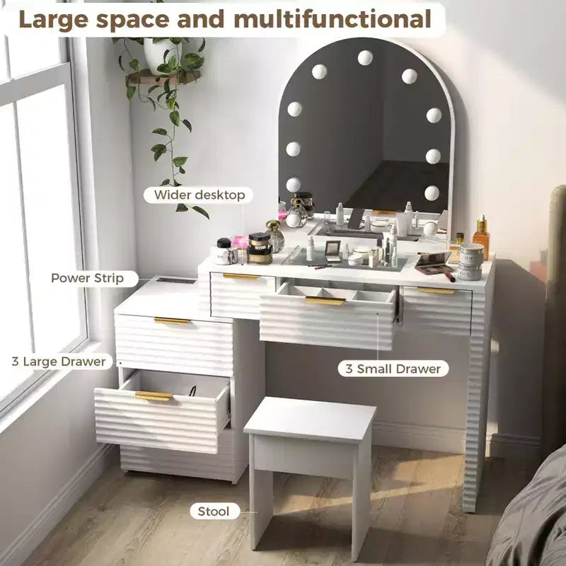 AEELLEEA Makeup Vanity Desk with Mirror Lights Glass Tabletop Vanity Table Modern Makeup Desk with Drawers for Bedroom White US Plug