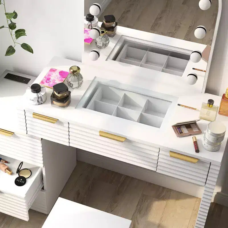 AEELLEEA Makeup Vanity Desk with Mirror Lights Glass Tabletop Vanity Table Modern Makeup Desk with Drawers for Bedroom White US Plug