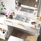 AEELLEEA Makeup Vanity Desk with Mirror Lights Glass Tabletop Vanity Table Modern Makeup Desk with Drawers for Bedroom White US Plug