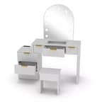 AEELLEEA Makeup Vanity Desk with Mirror Lights Glass Tabletop Vanity Table Modern Makeup Desk with Drawers for Bedroom White US Plug