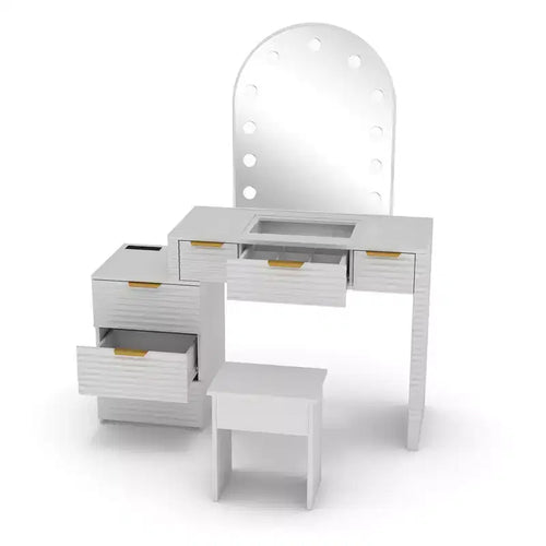 Escritorio de tocador de maquillaje AEELLEEA con espejo y luces, superficie de vidrio, mesa de tocador moderna con cajones para dormitorio, blanca, enchufe estadounidense