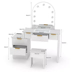 AEELLEEA Makeup Vanity Desk with Mirror Lights Glass Tabletop Vanity Table Modern Makeup Desk with Drawers for Bedroom White US Plug